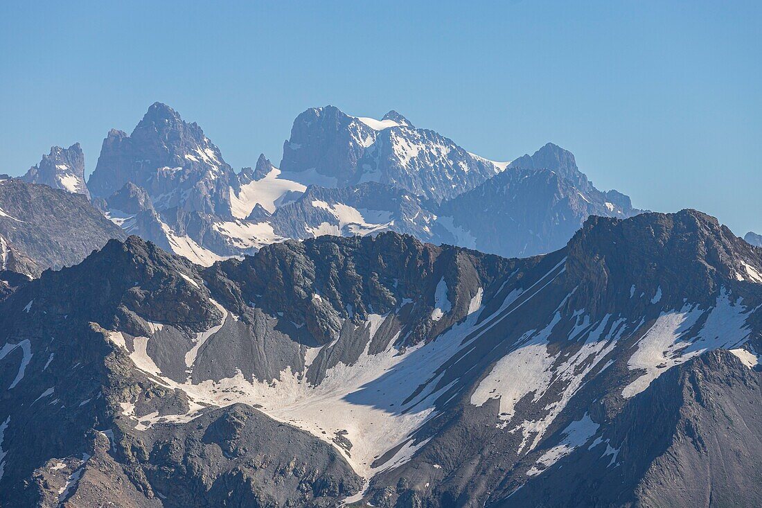 France, Hautes Alpes, Ecrins National Park, Orcieres Merlette, view from the Prelles Pass (2807m) on the Mount Pelvoux (3946m)\n