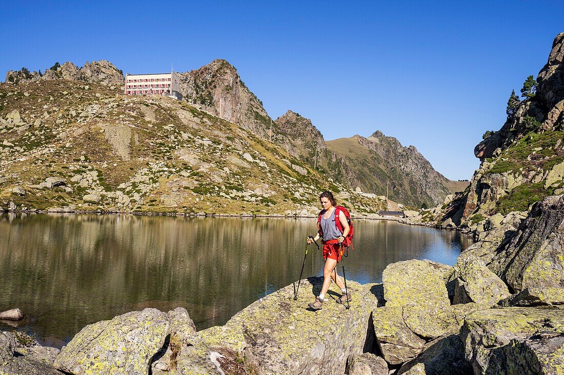 France, Hautes Pyrenees, Glere Lake (2103m) and refuge of the glère\n