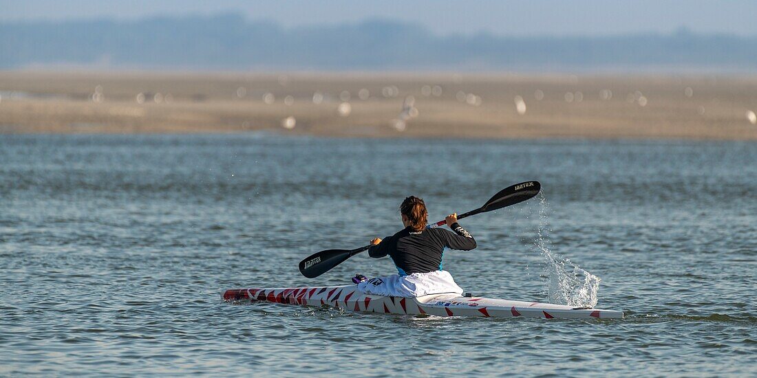 France, Somme, Somme Bay, Saint-Valery-sur-Somme, Cape Hornu, Kayak on the channel of the Somme\n