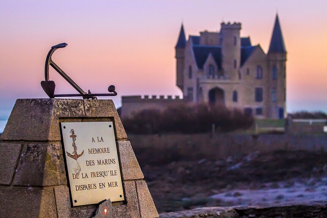 France, Morbihan, wild coast, Quiberon peninsula, Pointe de Beg er Lann (or Pointe de la Lande), commemorative plaque near the Turpault castle\n
