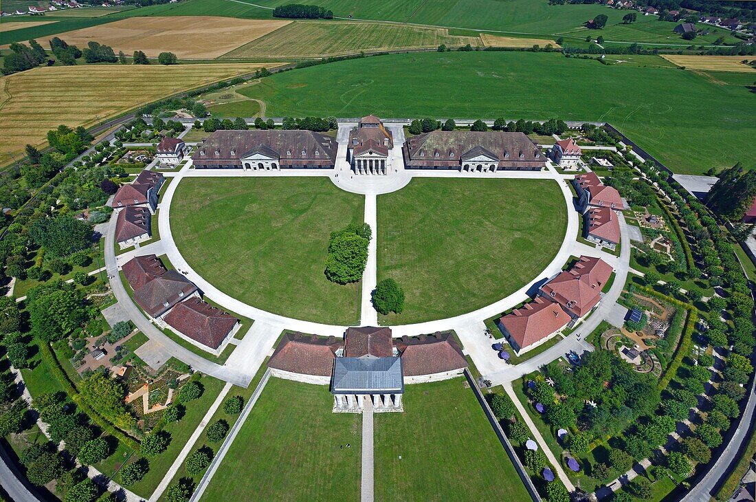 France, Doubs, Arc-et-Senans, the royal saltworks built by architect Claude-Nicolas Ledoux listed as World Heritage by UNESCO (aerial view)\n