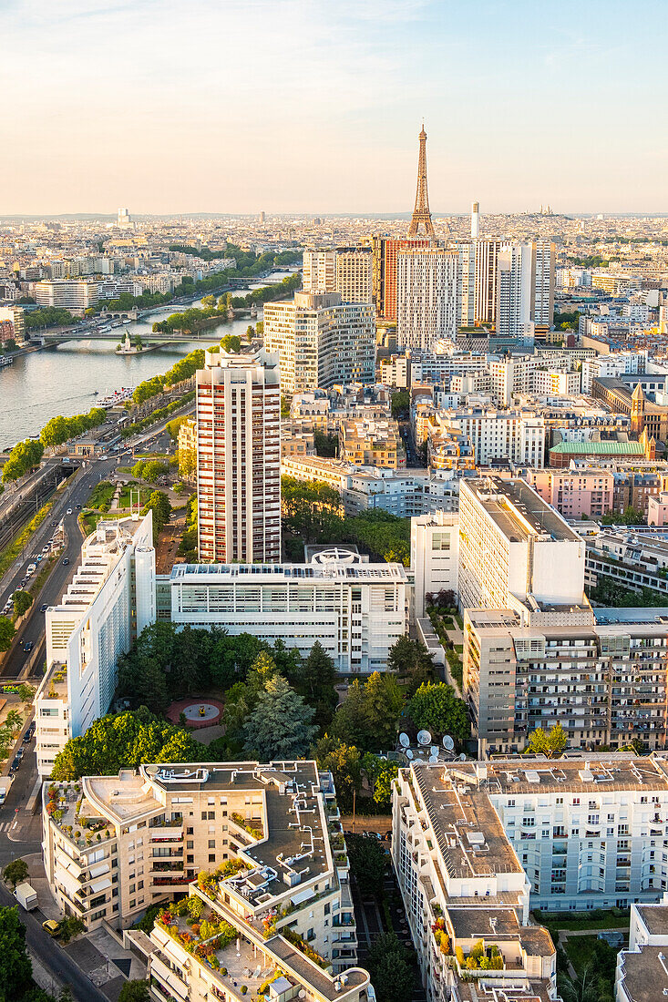 France, Paris, the buildings of the Front de Seine and the Eiffel Tower (aerial view)\n