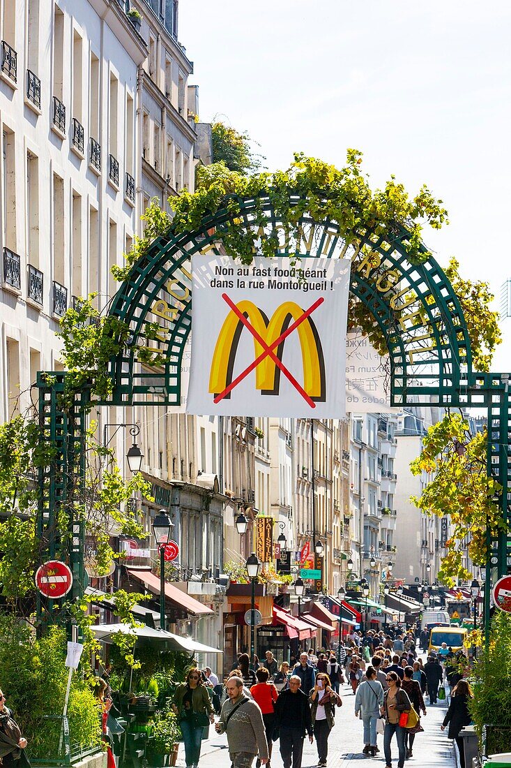 France, Paris, Rue Montorgueil, no to fast food Mc Donald\n