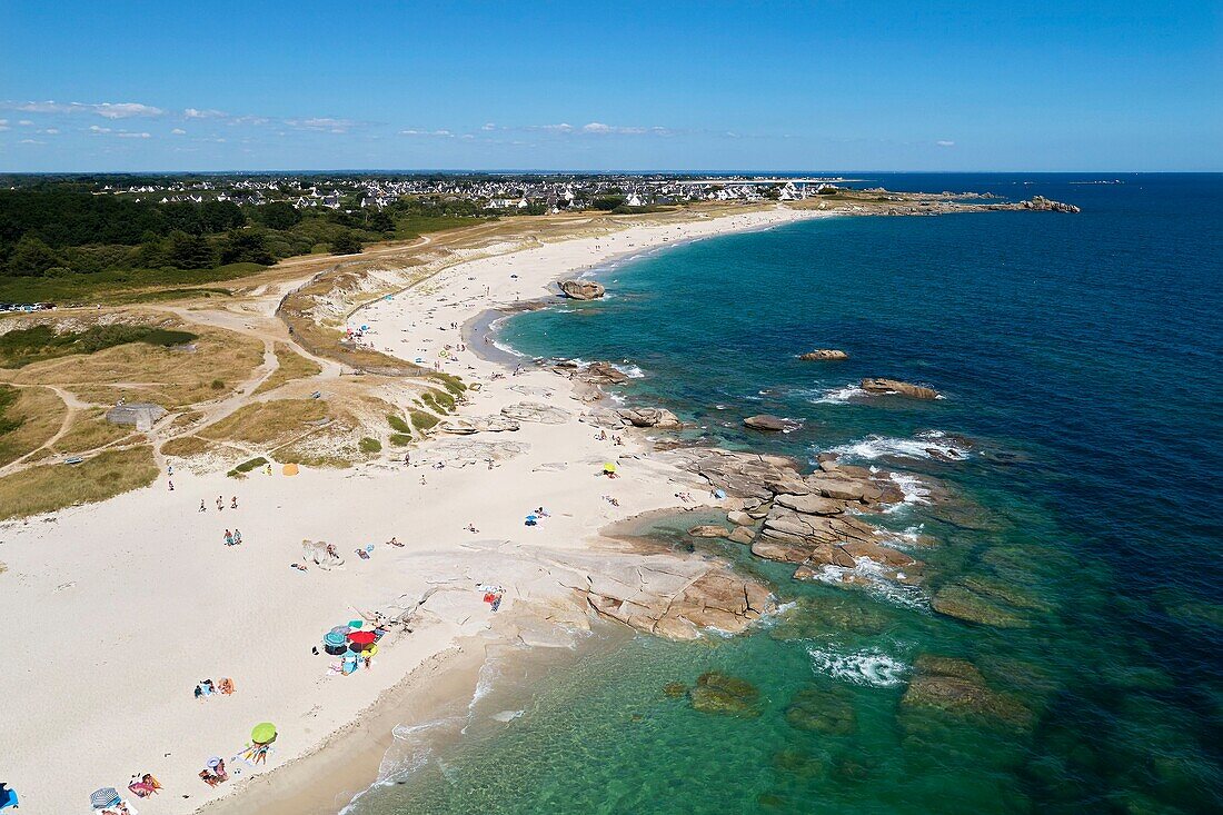 France, Finistere, Lesconil, the beach of Kersauz (aerial view)\n