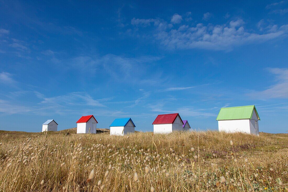 France, Manche, Cotentin, Gouville sur Mer, beach cabins\n