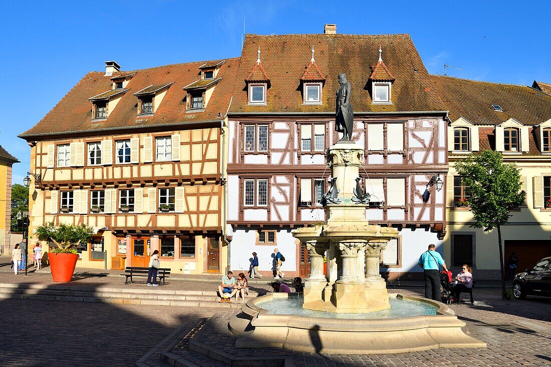 France, Haut Rhin, Alsace Wine Road, Colmar, place des Six Montagnes Noires, the Roesselmann fountain by Auguste Bartholdi was inaugurated in 1854\n