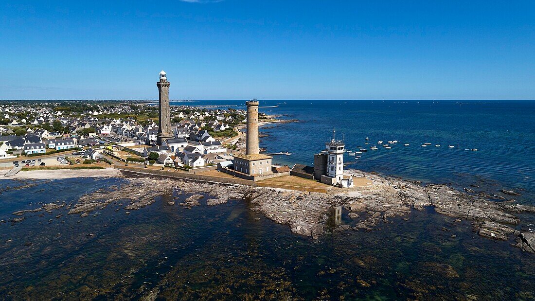 France, Finistere, Penmarch, Pointe de Penmarc'h, Eckmuhl Lighthouse, former lighthouse and semaphore (aerial view)\n