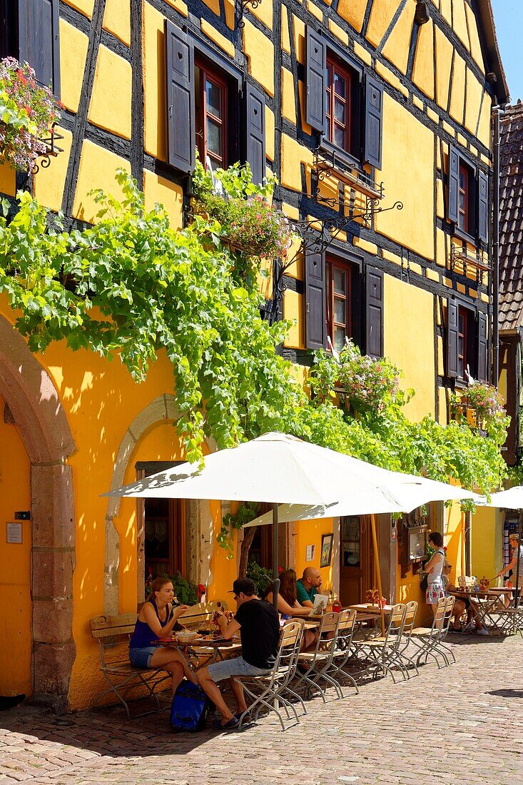 France, Haut Rhin, Alsace Wine Route, Riquewihr, labelled Les Plus Beaux Villages de France (The Most Beautiful Villages of France), rue de Gaulle, traditionals half timbered houses\n