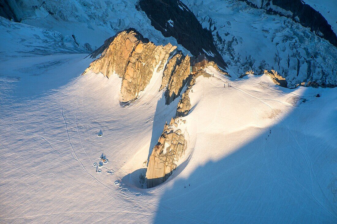 France, Haute Savoie, Chamonix Mont Blanc, the Cosmiques refuge (3613m) (aerial view)\n