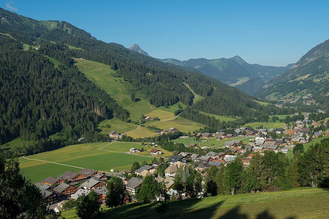 France, Haute Savoie, massif du Chablais, Val d'Abondance, Portes du Soleil, Chapelle d'Abondance, vue generale du village et le sommet pointu du pic de la Corne (2074m)\n