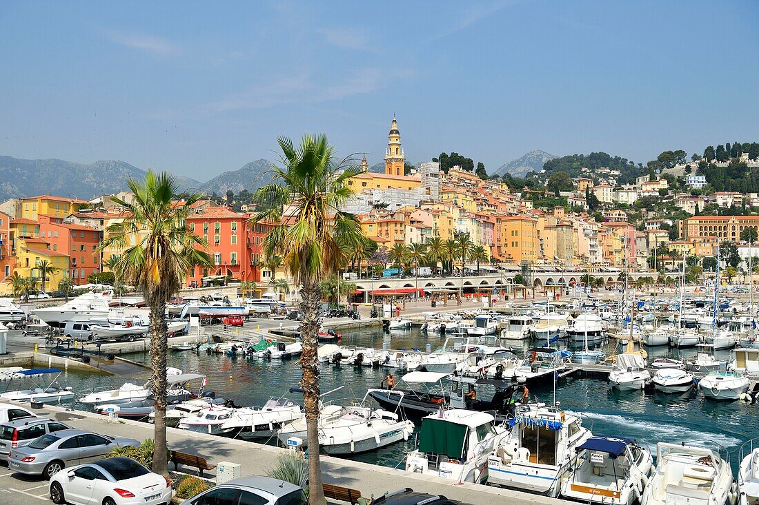 France, Alpes Maritimes, Cote d'Azur, Menton, the port and the old town dominated by the Saint Michel Archange basilica\n