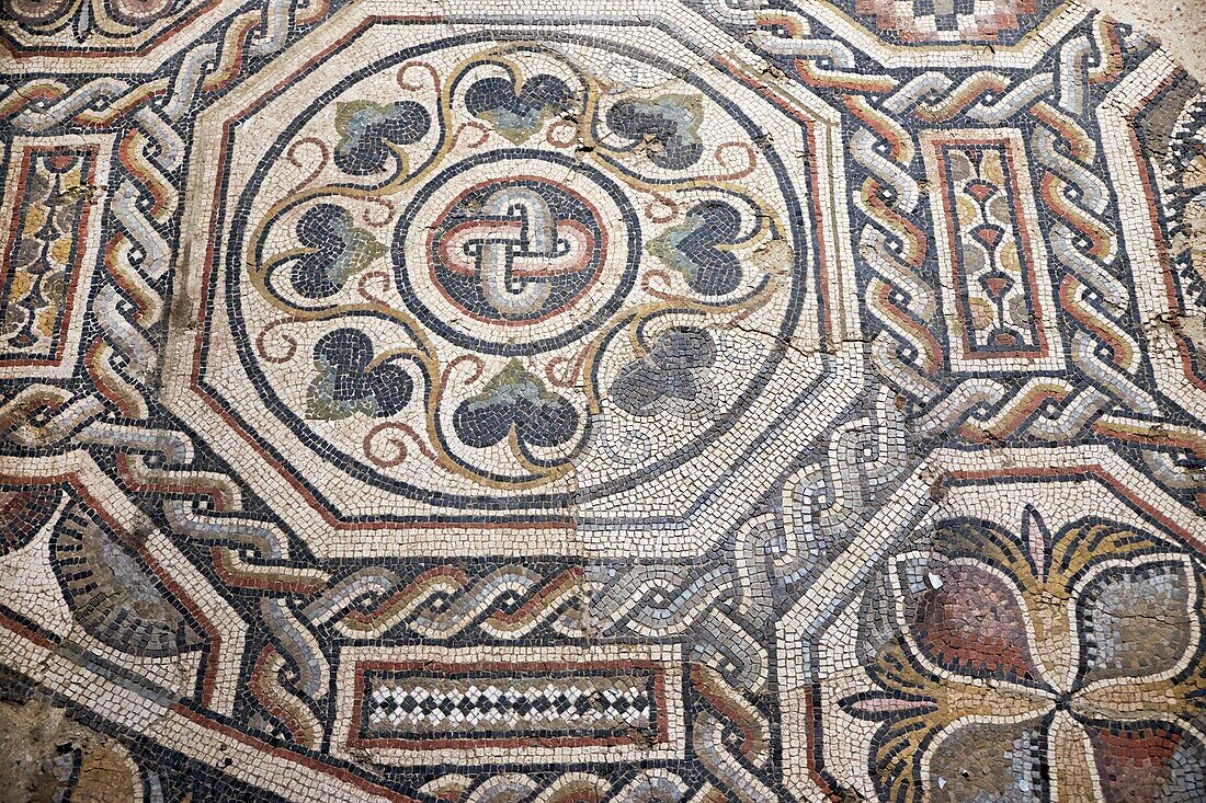 France, Herault, Loupian, Loupian Roman villa, mosaic with swastikas\n