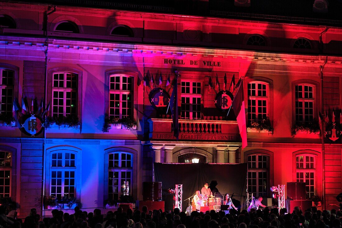 France, Territoire de Belfort, Belfort, Place d Armes, city hall, illuminations for July 14, orchestra, popular ball\n