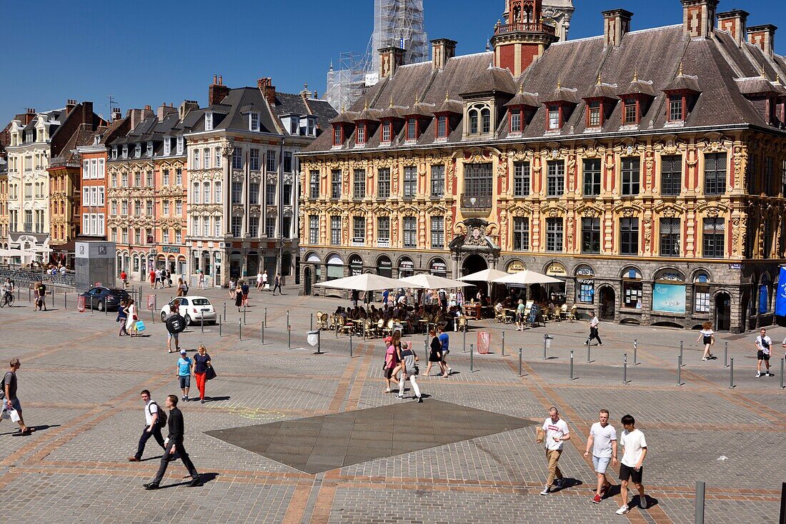 France, Nord, Lille, Place du General De Gaulle or Grand Place, old stock market and cafe terraces\n