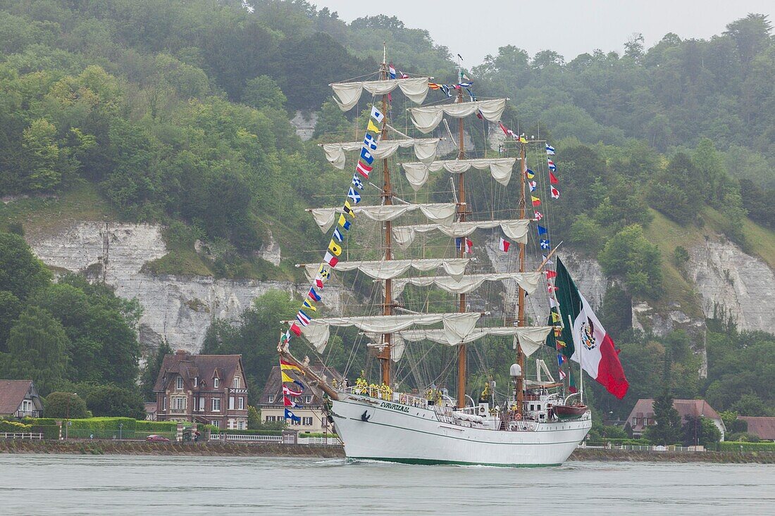 Frankreich, Seine Maritime, Sahurs, Armada 2019, JR Tolkien, Dreimastschoner, segelnd auf der Seine, vor dem Dorf La Bouille