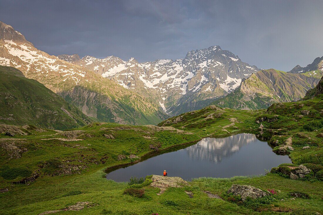 France, Hautes Alpes, national park of Ecrins, valley of Valgaudemar, La Chapelle en Valgaudemar, reflection of Sirac (3441m) on the lake of Lauzon (2008m)\n