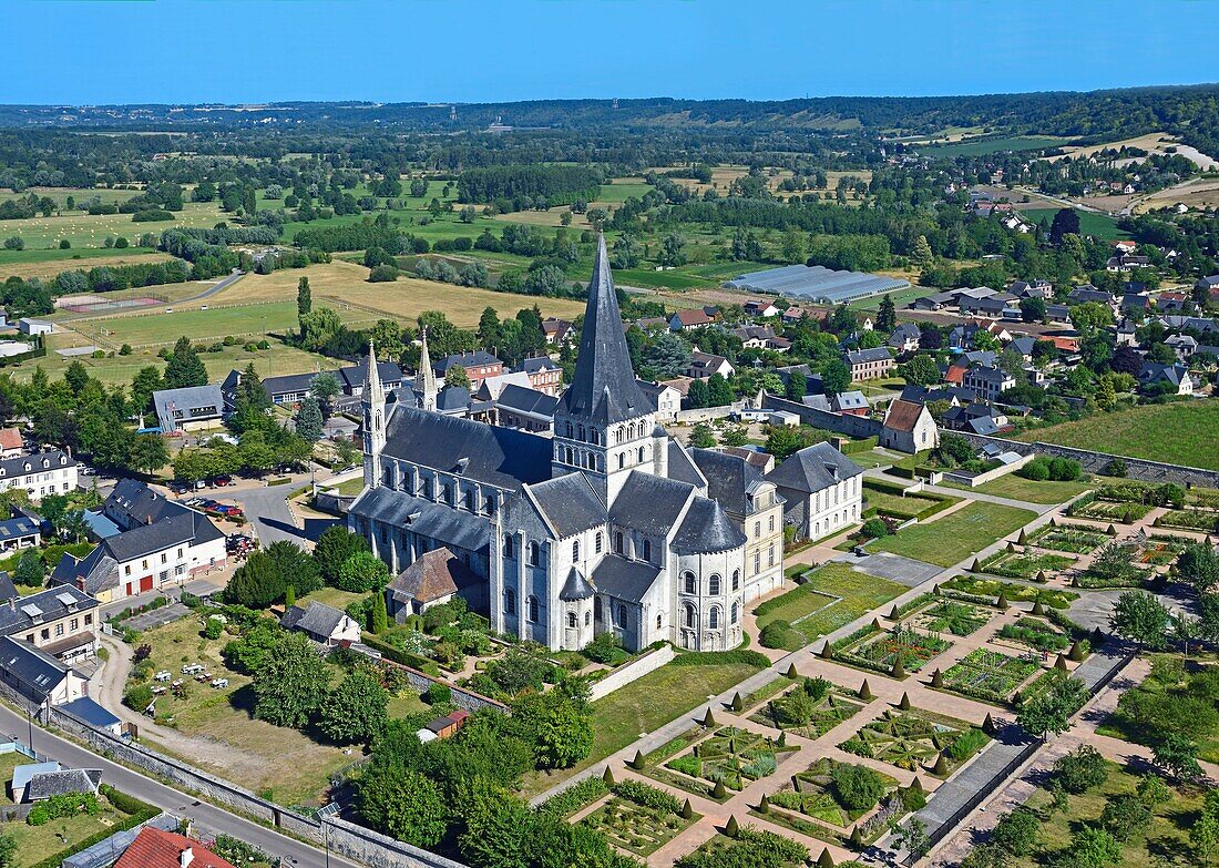 France, Seine-Maritime, Saint-Martin-de-Boscherville, Saint Georges abbey (aerial view)\n