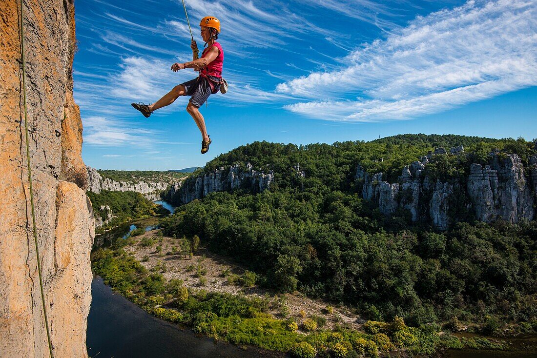 France, Ardeche, Berrias et Casteljau, climbing area of the Vire aux Oiseaux overlooking the Chassezac river\n