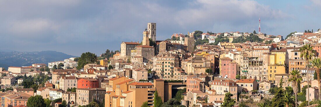 France, Alpes-Maritimes, Grasse, the Notre-Dame du Puy cathedral, the Clock tower and the tower of the former Episcopal Palace\n