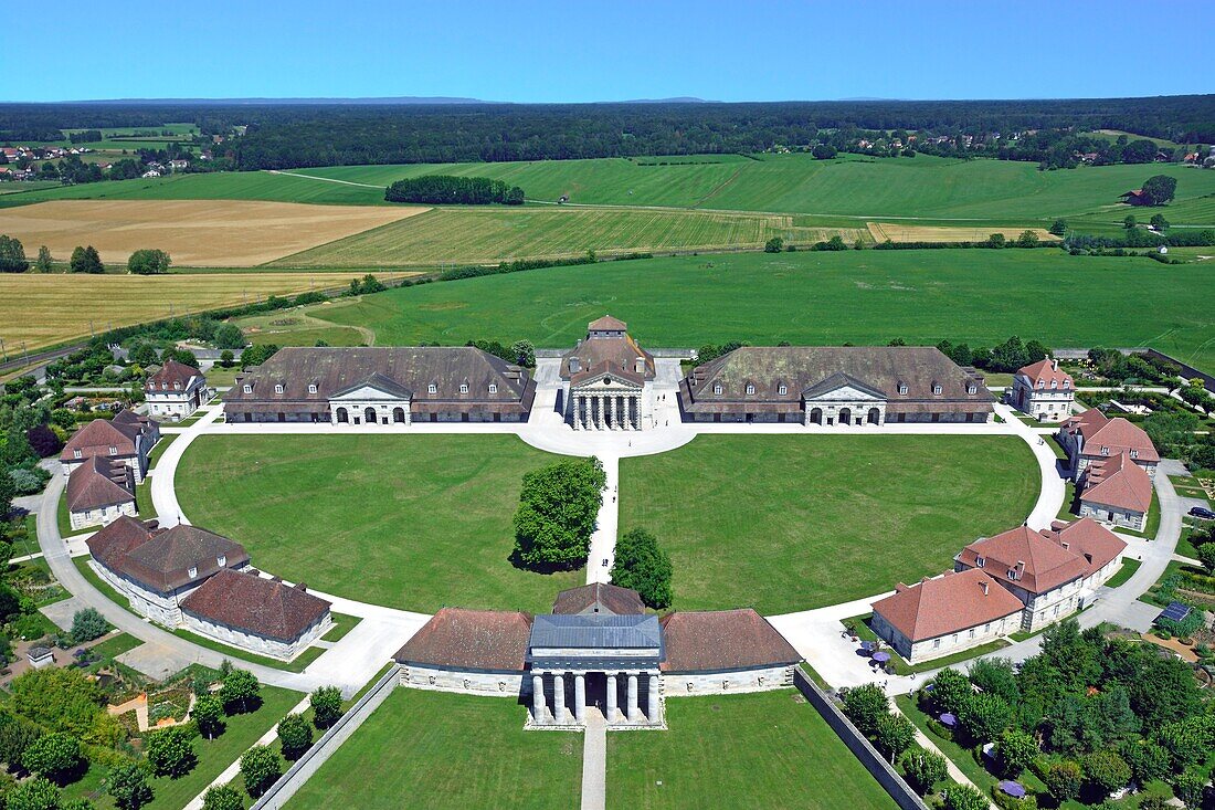 France, Doubs, Arc-et-Senans, the royal saltworks built by architect Claude-Nicolas Ledoux listed as World Heritage by UNESCO (aerial view)\n