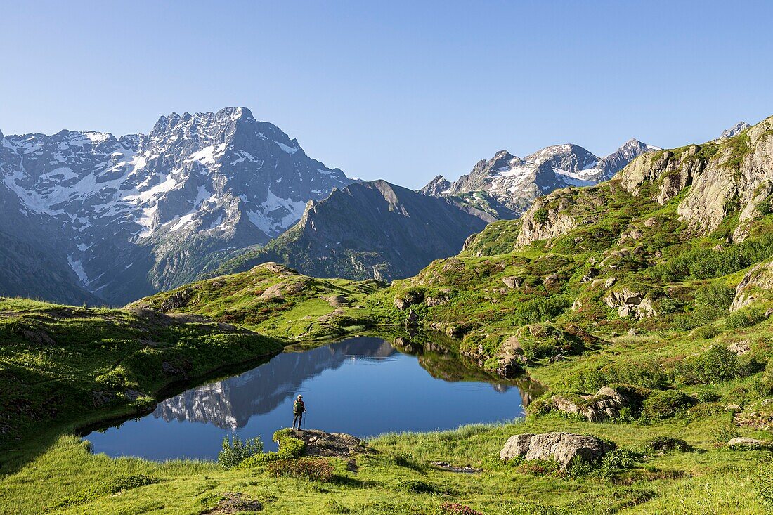 France, Hautes Alpes, national park of Ecrins, valley of Valgaudemar, La Chapelle en Valgaudemar, reflection of Sirac (3441m) on the lake of Lauzon (2008m)\n