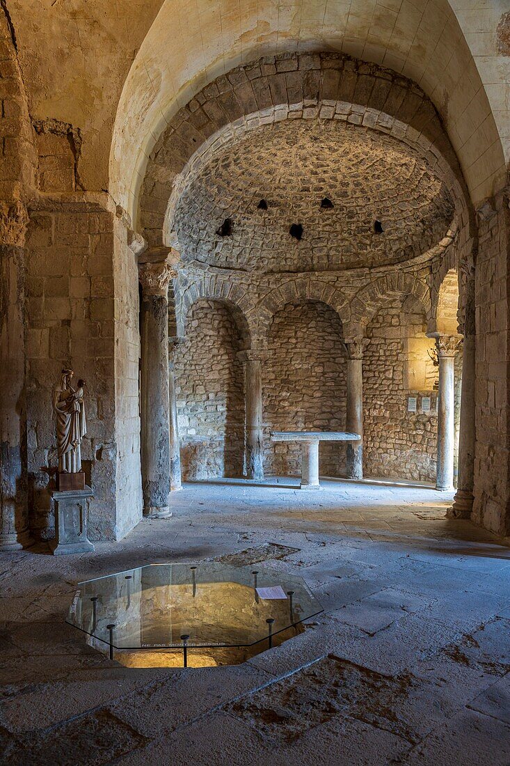 France, Vaucluse, Venasque, labeled the Most Beautiful Villages of France, the Baptistery of the sixth century, remodeled in the eleventh century with an octagonal baptismal font\n