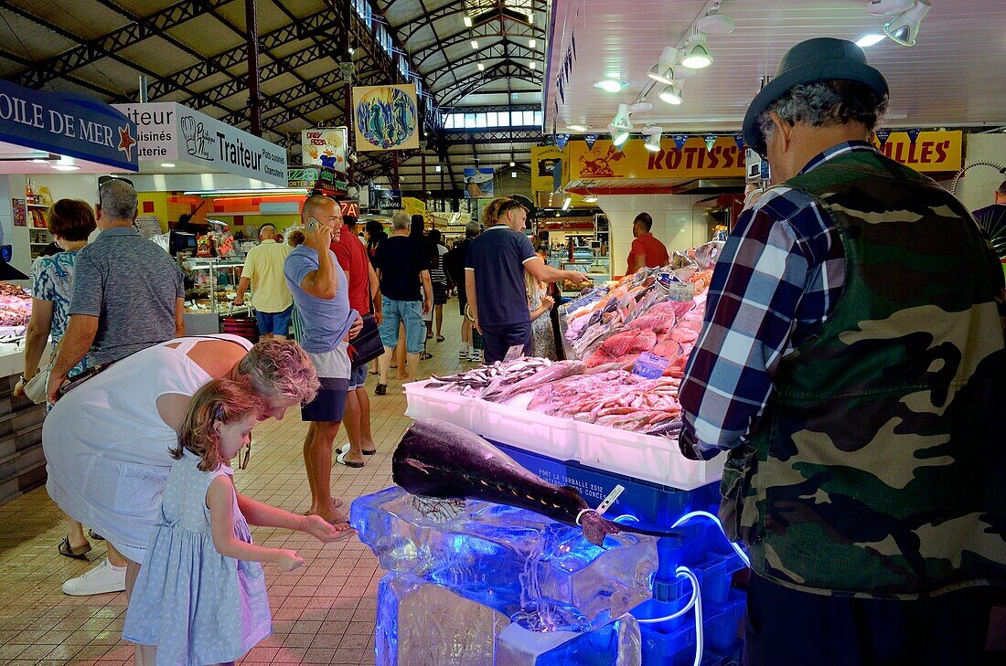 France, Aude, Narbonne, the covered market, fishmonger\n