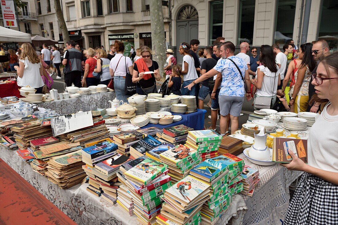 Frankreich, Nord, Lille, Boulevard der Freiheit, Trödelmarkt 2019, Stand mit alten Büchern