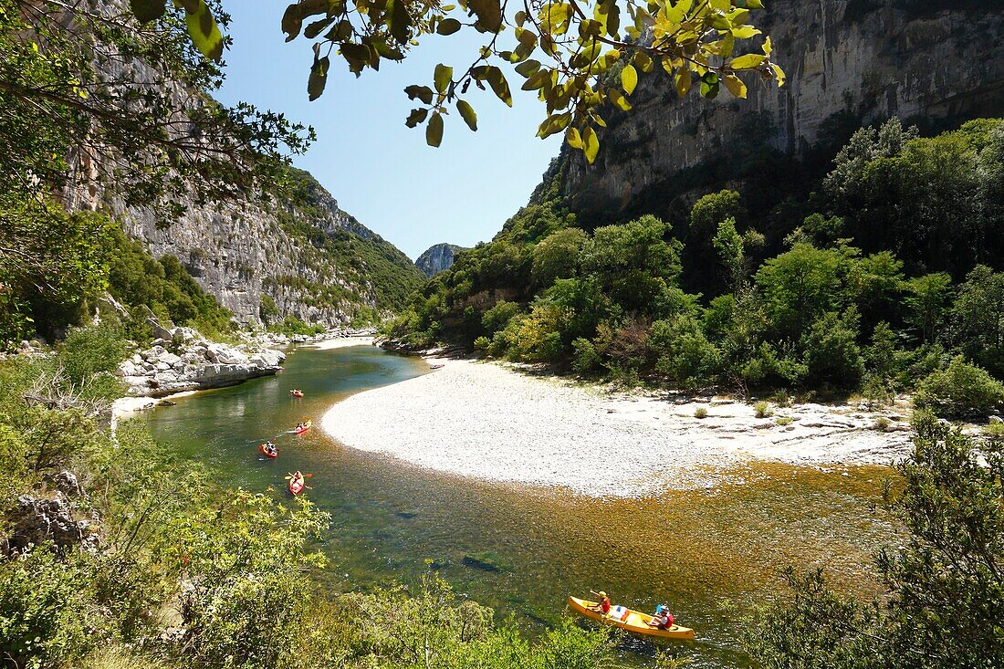 France, Ardeche, Sauze, Ardeche Gorges natural national reserve, tourists with canies on the Ardeche river between Gournier bivouac and Sauze\n