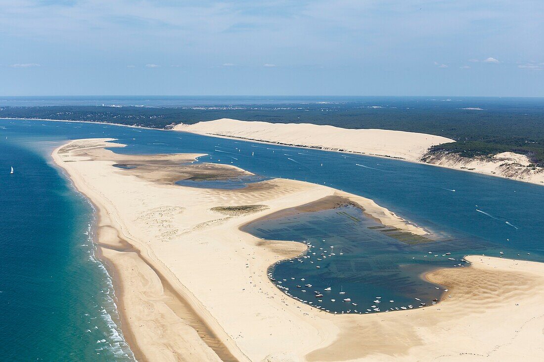 France, Gironde, La Teste de Buch, Arguin sandbank and the Pilat Great Dune (aerial view)\n