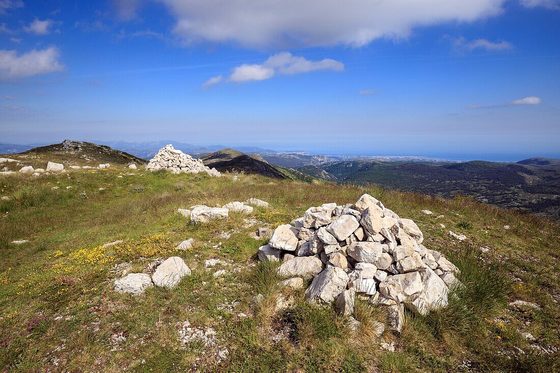 France, Alpes Maritimes, Parc Naturel Regional des Prealpes d'Azur, Coursegoules, Cheiron mountain, the Côte d'Azur coastline in the background\n