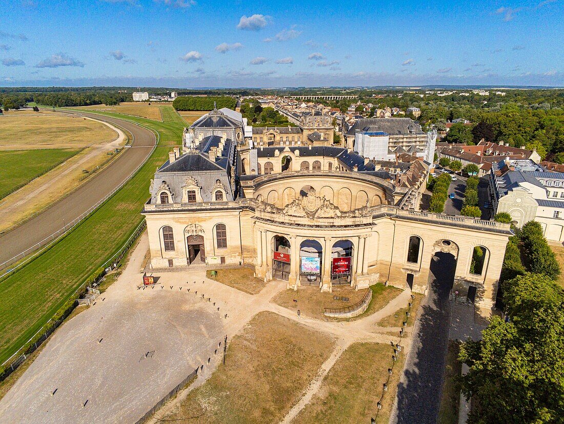 France, Oise, Chantilly, Chateau de Chantilly, the Grandes Ecuries (Great Stables) (aerial view)\n