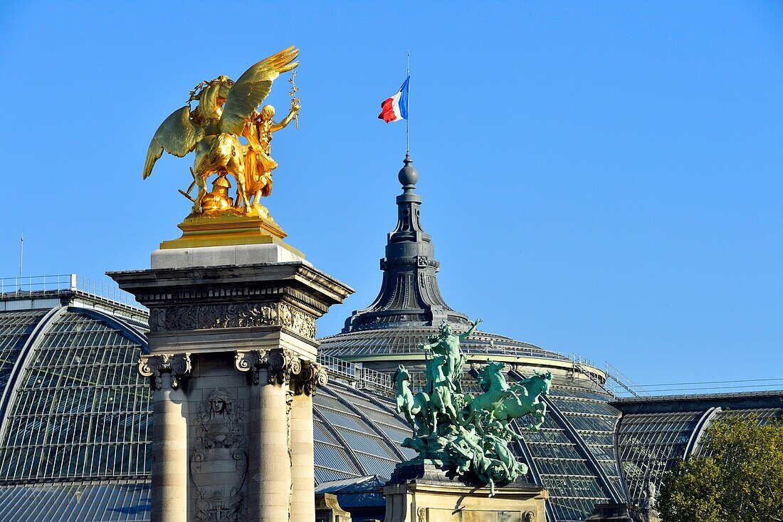France, Paris, area listed as World Heritage by UNESCO, the Alexandre III Bridge and the Grand Palais\n