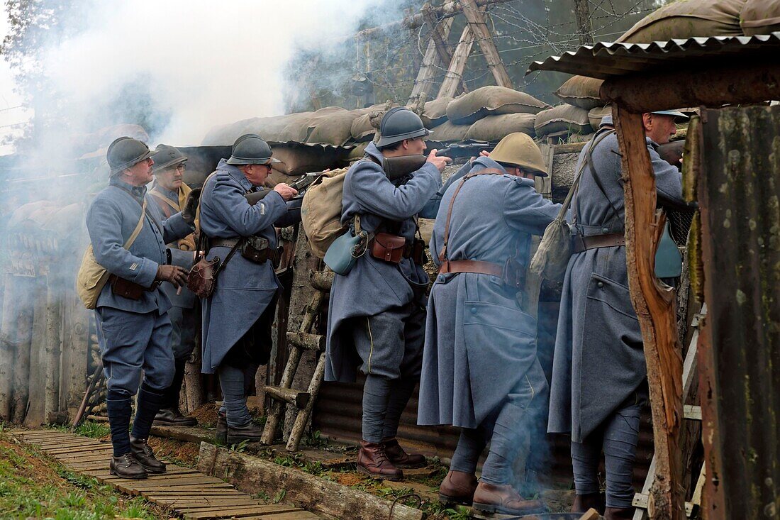 France, Territoire de Belfort, Meroux Moval, Fort de Meroux, pageant, battles in the trenches, World War I, during the celebrations of November 11, fight in the trenches, french soldiers\n