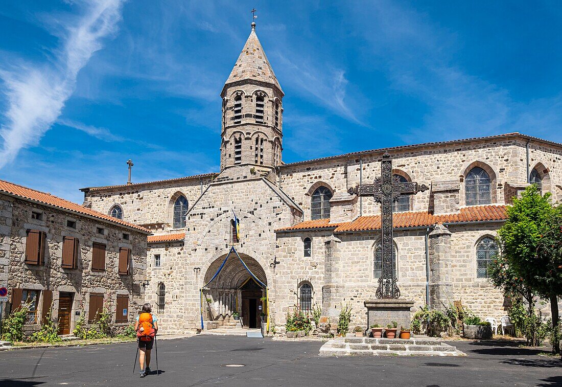 France, Haute-Loire, Saugues, hike on Via Podiensis, one of the French pilgrim routes to Santiago de Compostela or GR 65, Saint-Medard church\n