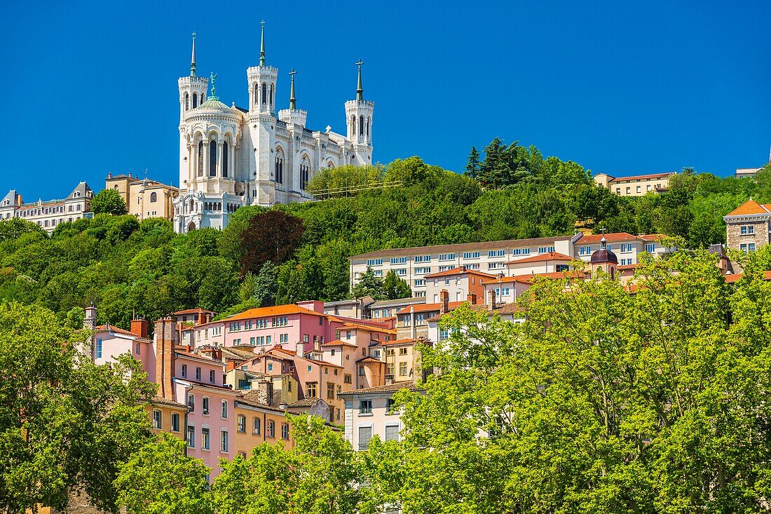 France, Rhone, Lyon, historical site listed as World Heritage by UNESCO, view of Notre Dame de Fourviere Basilica\n