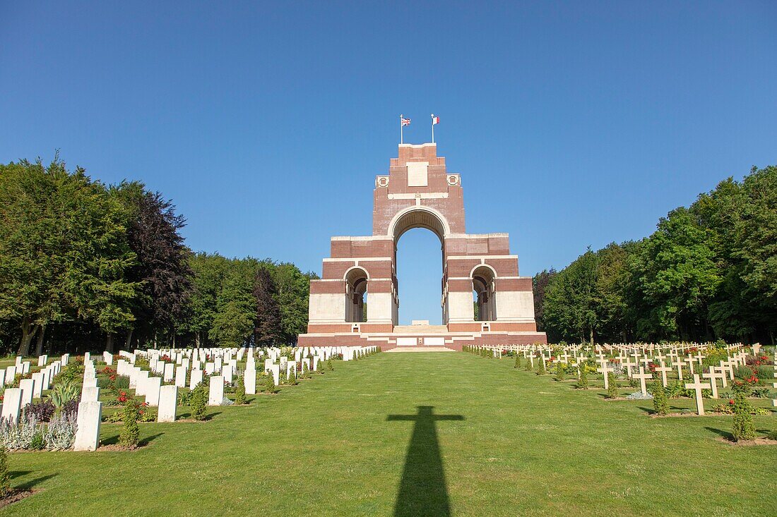 France, Somme, Thiepval, Franco-British memorial commemorating the Franco-British offensive of the Battle of the Somme in 1916, French graves in the foreground\n