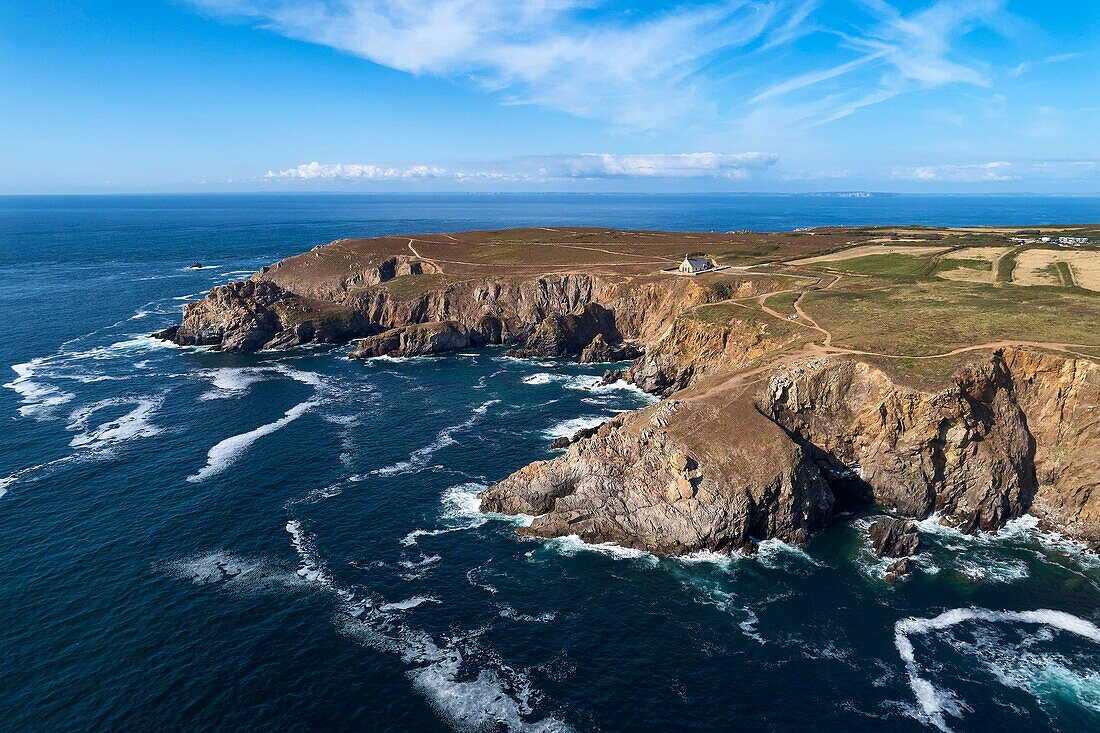 France, Finistere, Iroise sea, Baie des Trépassés, Cleden-Cap-Sizun, Pointe du Van, Saint They chapel (aerial view)\n