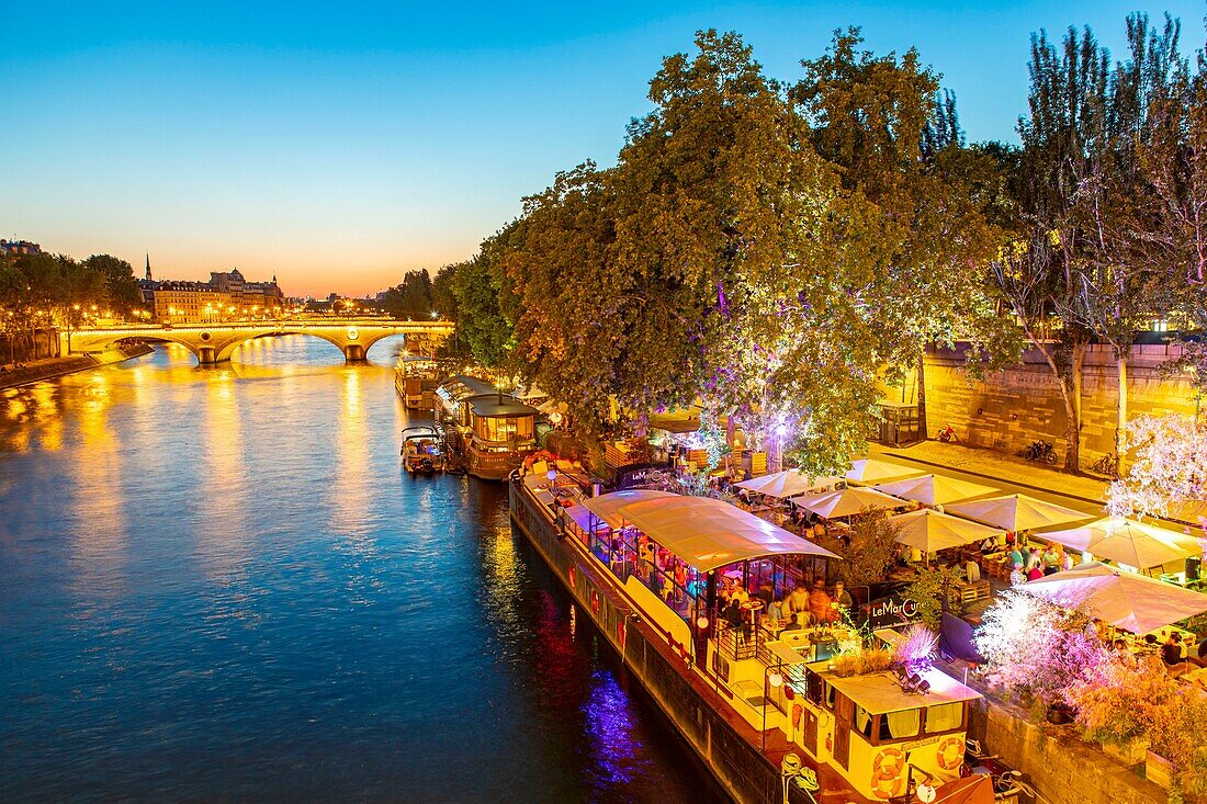 France, Paris, zone classified World Heritage of UNESCO, Park of Rives de Seine, the barge Marcounet\n