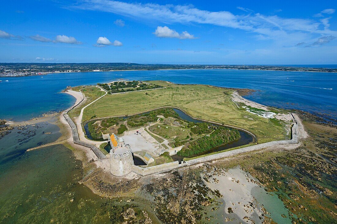 France, Manche, Saint-Vaast-La-Hougue, Tatihou island and fort Vauban (aerial view)\n