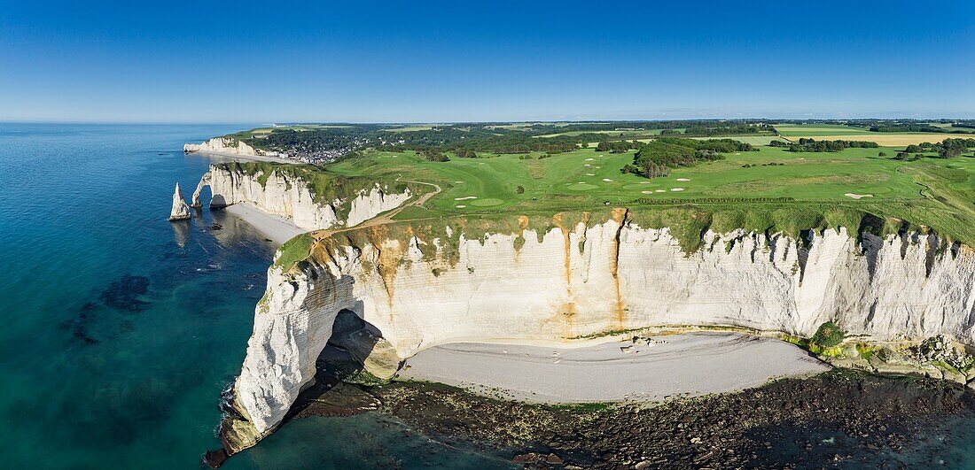 France, Seine Maritime, Etretat, Cote d'Abatre, the golf (aerial view)\n