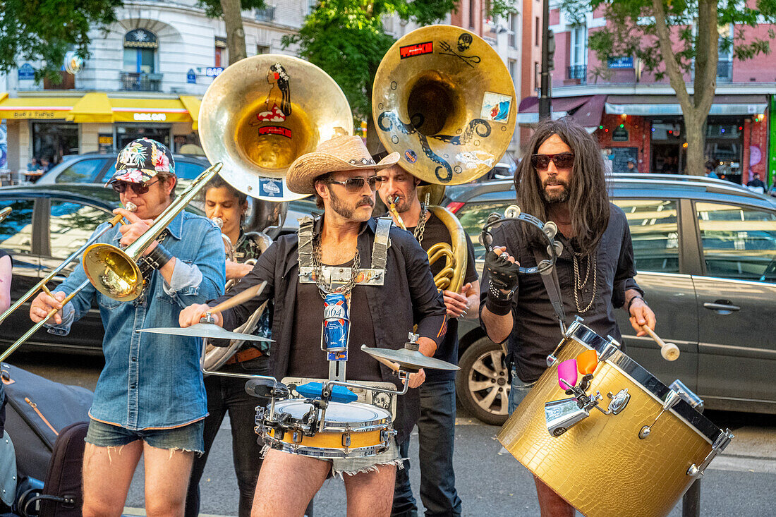 France, Paris, district of Menilmontant, street band during the Fete de la Musique\n