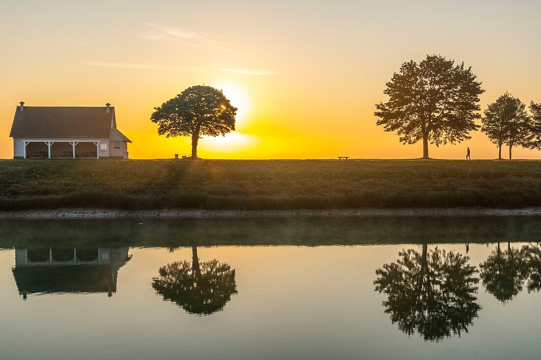 France, Somme, Somme Bay, Saint Valery sur Somme, Dawn on the banks of the Somme where are stranded the boats of fishermen and hunters\n