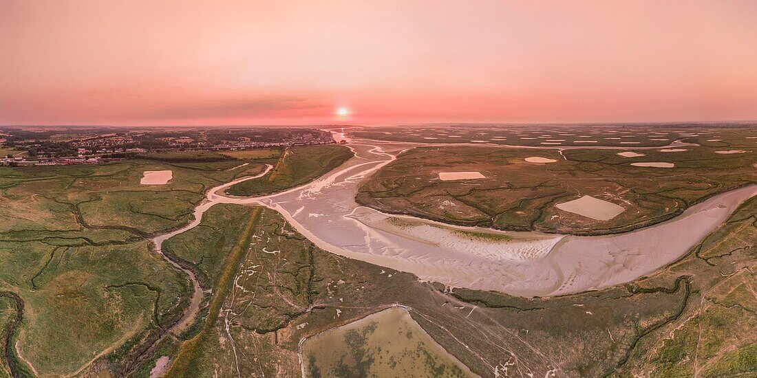 France, Somme, Somme Bay, Saint Valery sur Somme, Cape Hornu, the salted meadows and channels at dawn at low tide (aerial view)\n