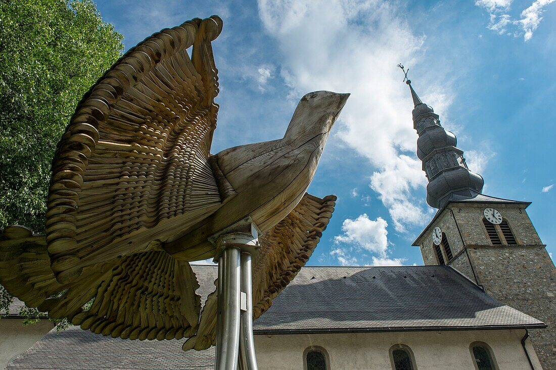 France, Haute Savoie, massif of Chablais, Val d'Abondance, Portes du Soleil, Chapel of Abondance, a dove in epiceas wood at the foot of the Saint Maurice Church\n