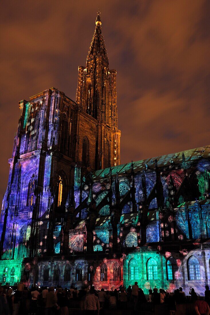 France, Bas Rhin, Strasbourg, old town listed as World Heritage by UNESCO, Place du Chateau, Notre Dame Cathedral, video mapping on the south facade, summer 2019\n