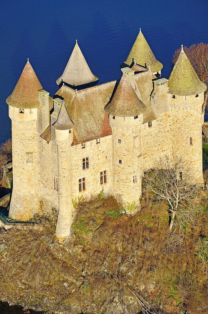 France, Cantal, Parc Naturel Regional des Volcans d'Auvergne (Natural regional park of Volcans d'Auvergne), Chateau de Val, castle of property of Bort les Orgues town in Correze on the edge of the hydroelectric dam lake of Bort les Orgues supplied by the Dordogne river\n