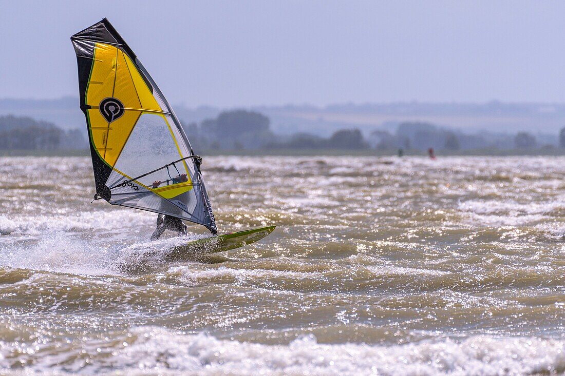 "France, Somme, Bay of the Somme, Le Crotoy, Crotoy beach is a spot for kitesurfing and windsurfing; in the aftermath of a storm, while the sun has returned with a powerful wind, the athletes are numerous and their multicolored sails brighten up the landscape"\n