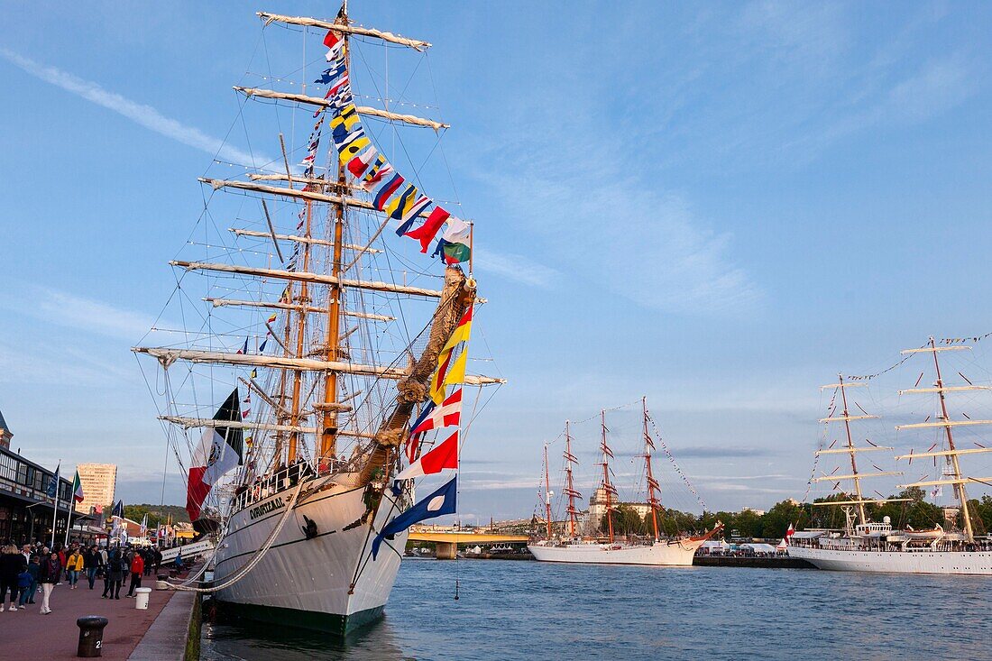 Frankreich, Seine Maritime, Rouen, Armada 2019, Besucher und vertäute Cuauhtemoc