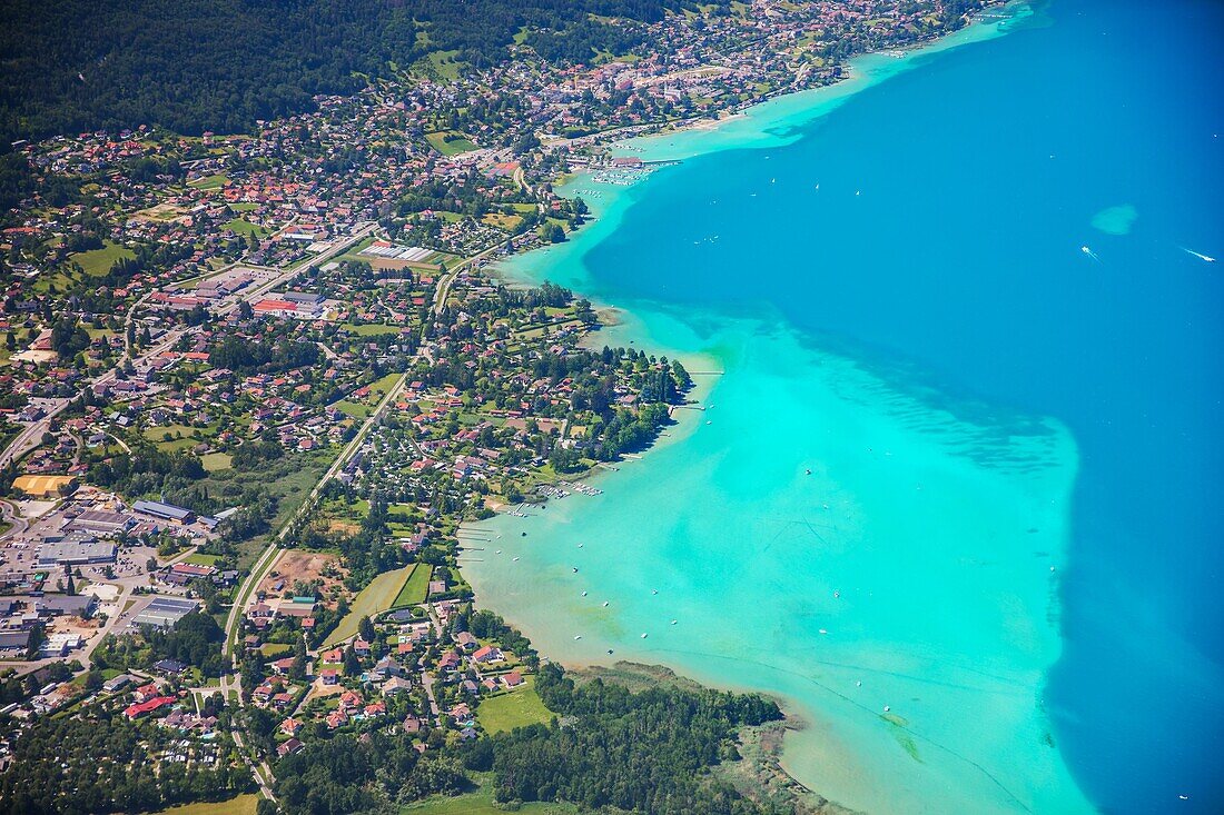 France, Haute Savoie, Annecy lake (aerial view)\n